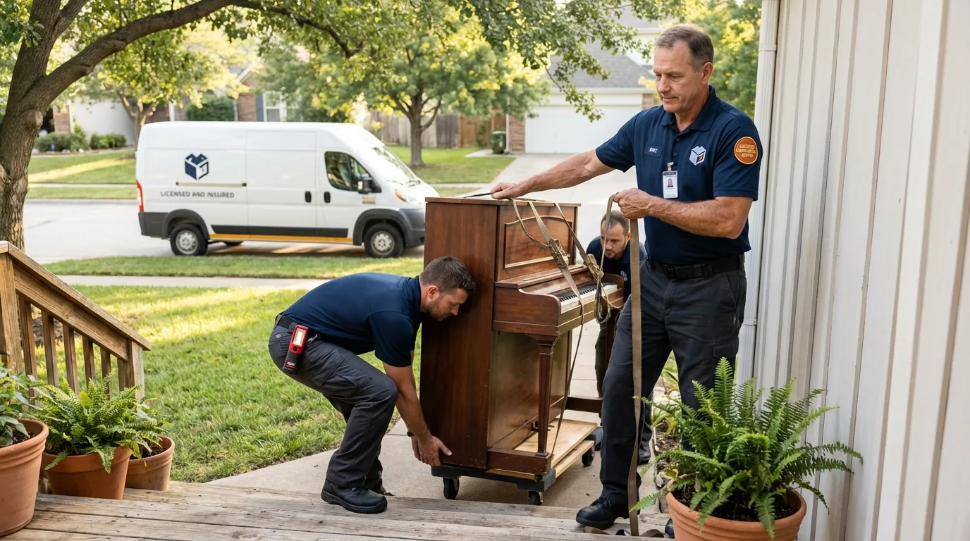 Licensed piano movers securing grand piano in Rye, NH