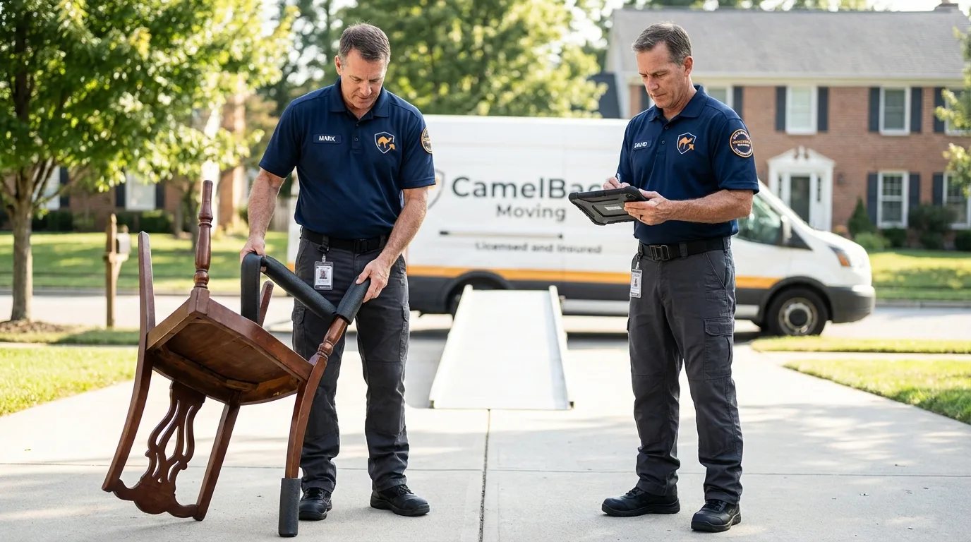 Movers inspecting furniture for damage prevention before loading in Rye, NH