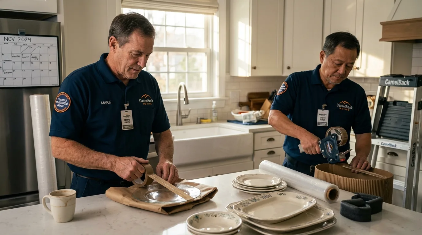 Professional crew packing kitchen dishware in Rye, NH